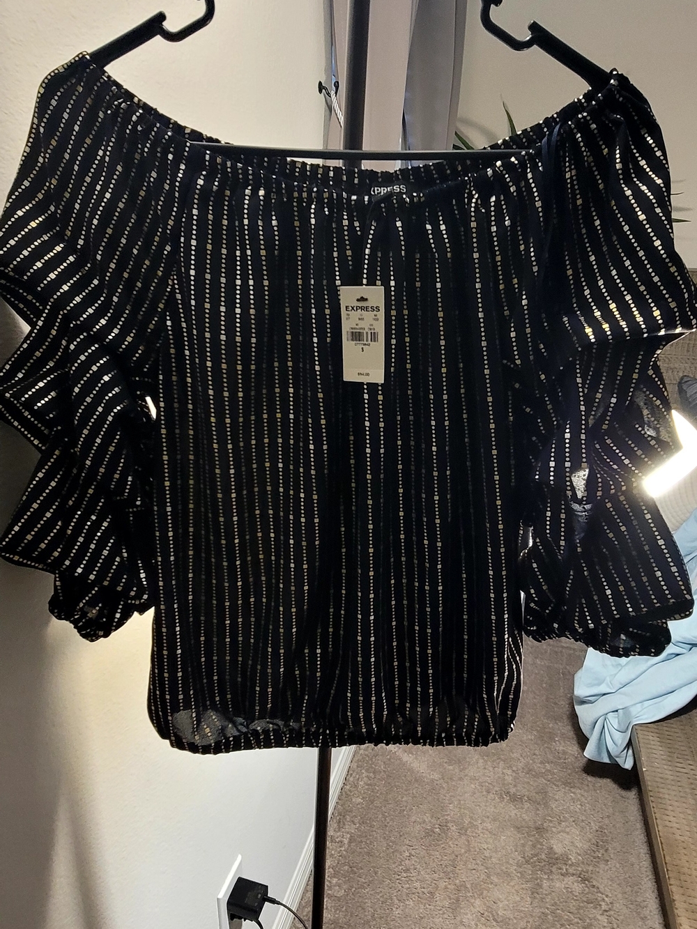 Express Black Off-Shoulder Ruffle-Sleeve Metallic Stripe Blouse